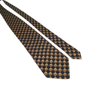 Roundtree York Mens Handmade Vintage Silk Necktie Checkered Gold Black Pattern